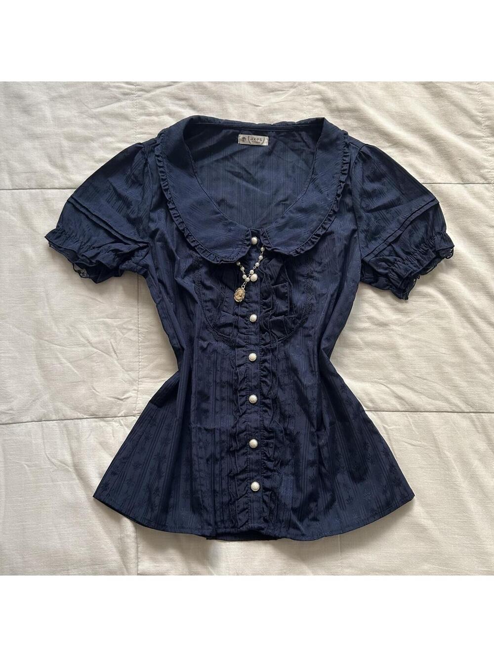 Axes Femme Navy Peter Pan Collar Ruffle Blouse Cameo Necklace Medium Japan